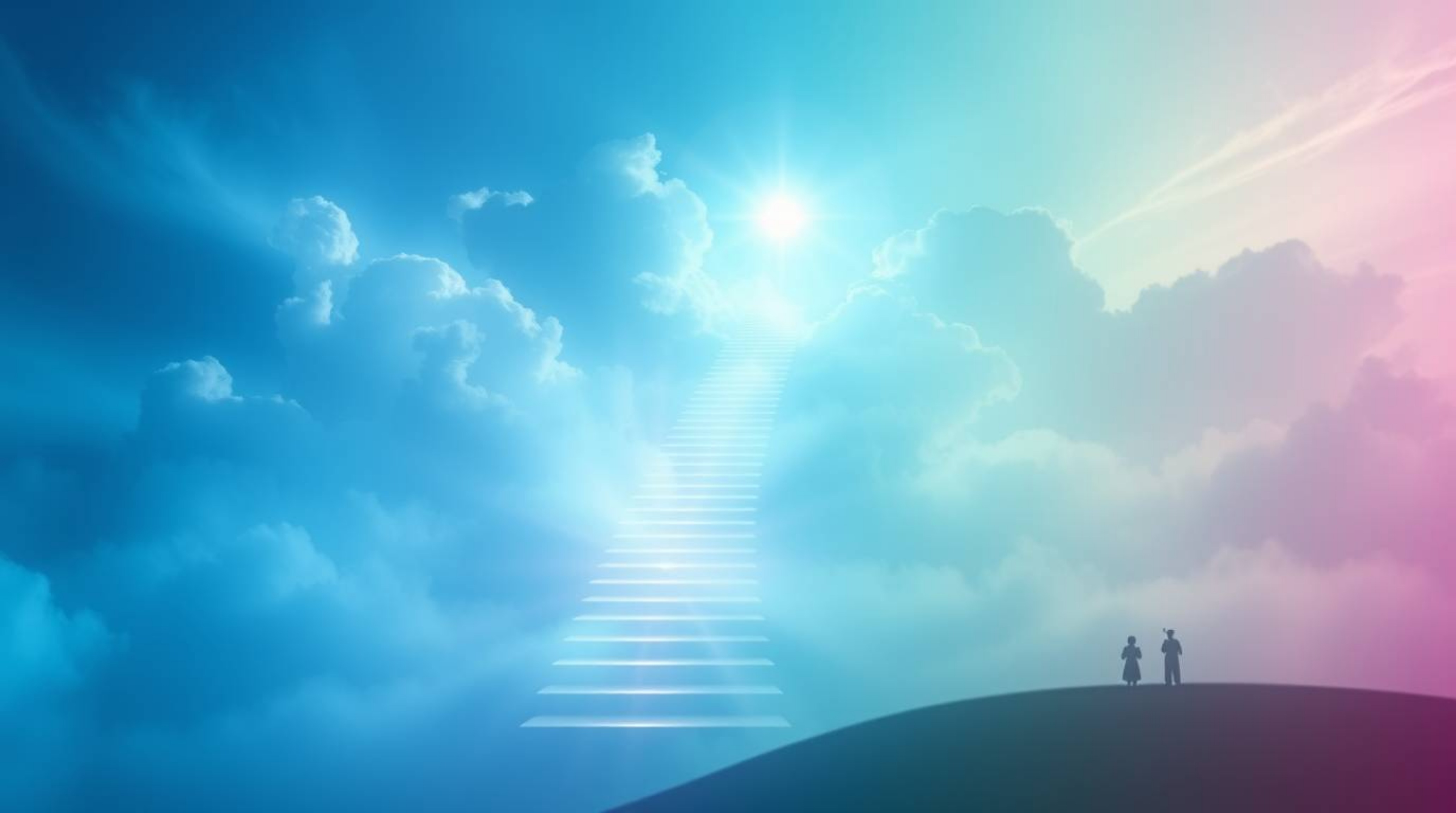 An ethereal and spiritual image rendered in cool blues, greens, and purples depicting light steps ascending into a cloudy sky