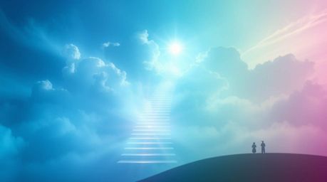 An ethereal and spiritual image rendered in cool blues, greens, and purples depicting light steps ascending into a cloudy sky