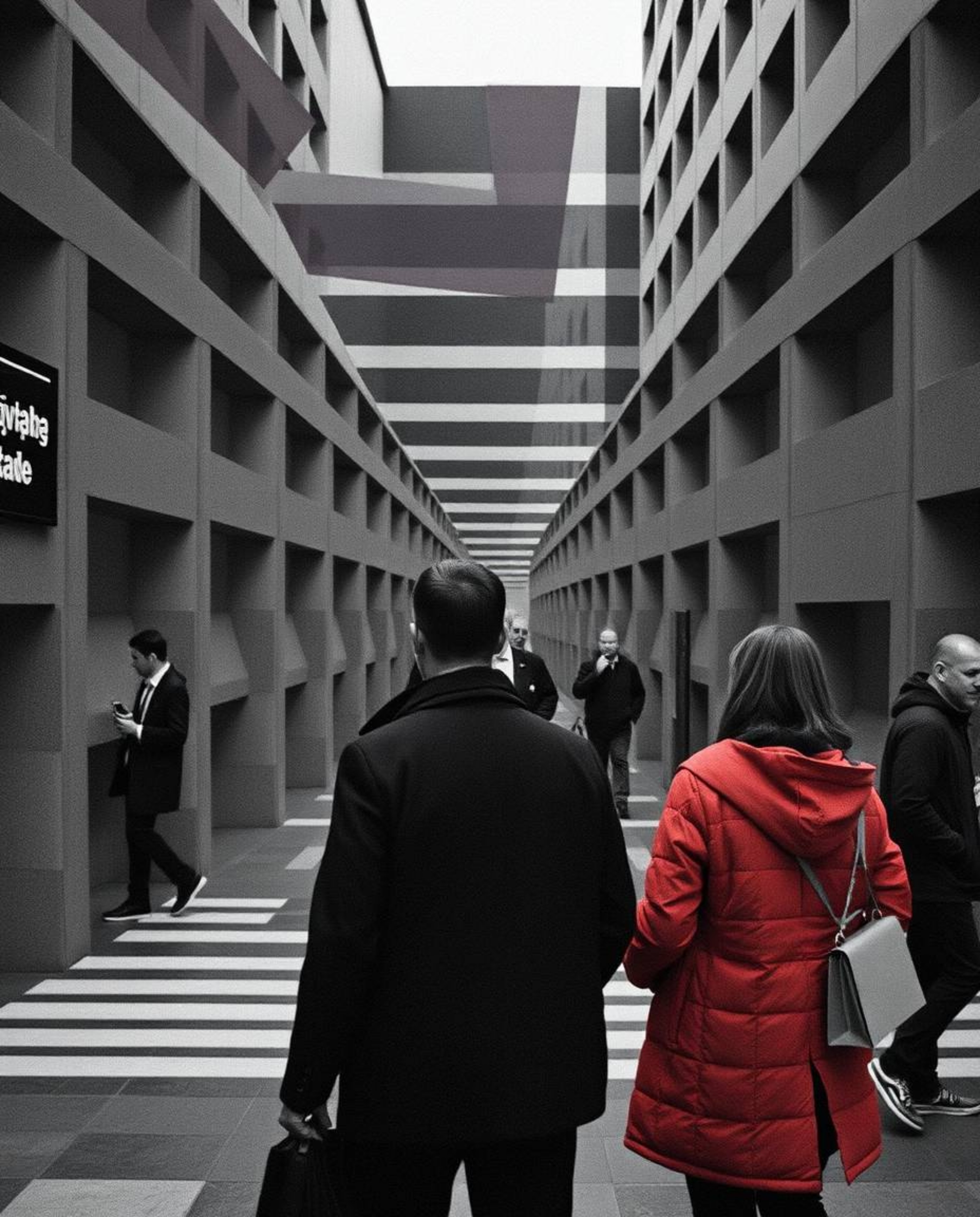 Explore the captivating world of candid street photography captured in a moody style, juxtaposed with repetitive cube pattern