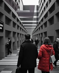 Explore the captivating world of candid street photography captured in a moody style, juxtaposed with repetitive cube pattern