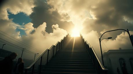 A dramatic and surreal street photograph captures a captivating scene of a stairway ascending through smoky clouds towards a 