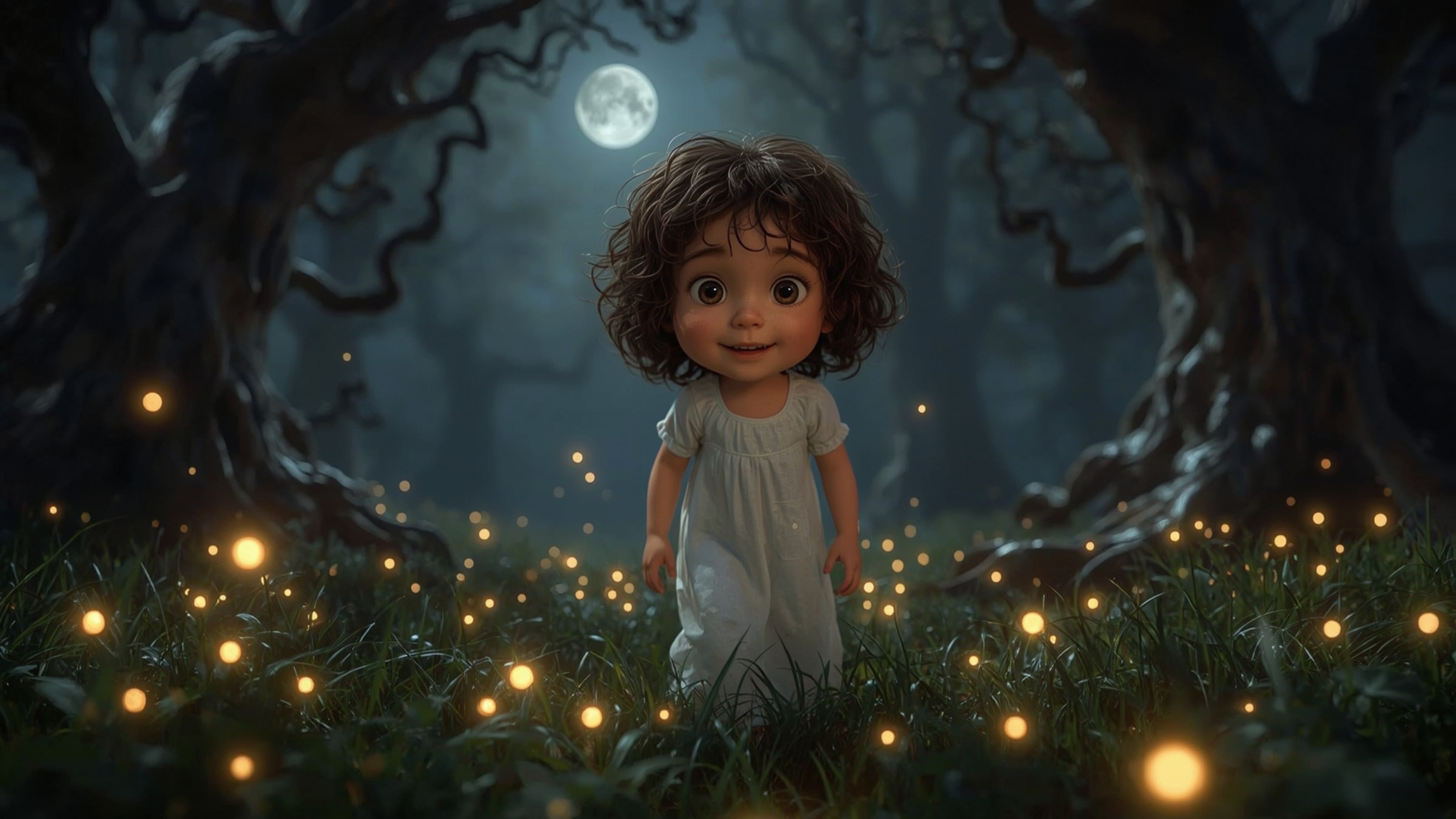 Step into an enchanted, moonlit forest with this cinematic and vibrant photograph, reminiscent of a Pixar film. A curious, fr