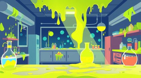 This modern flat design illustration depicts a slime-covered science lab, utilizing simple two-dimensional shapes, natural li