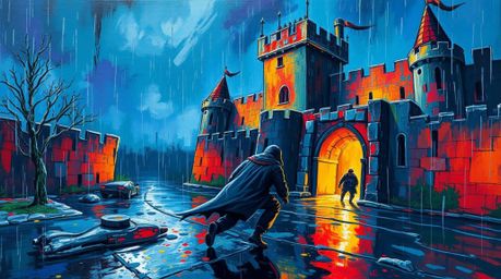 A bold acrylic painting depicting a thief sneaking into a heavily guarded castle on a wet, rainy night. The scene is brought 