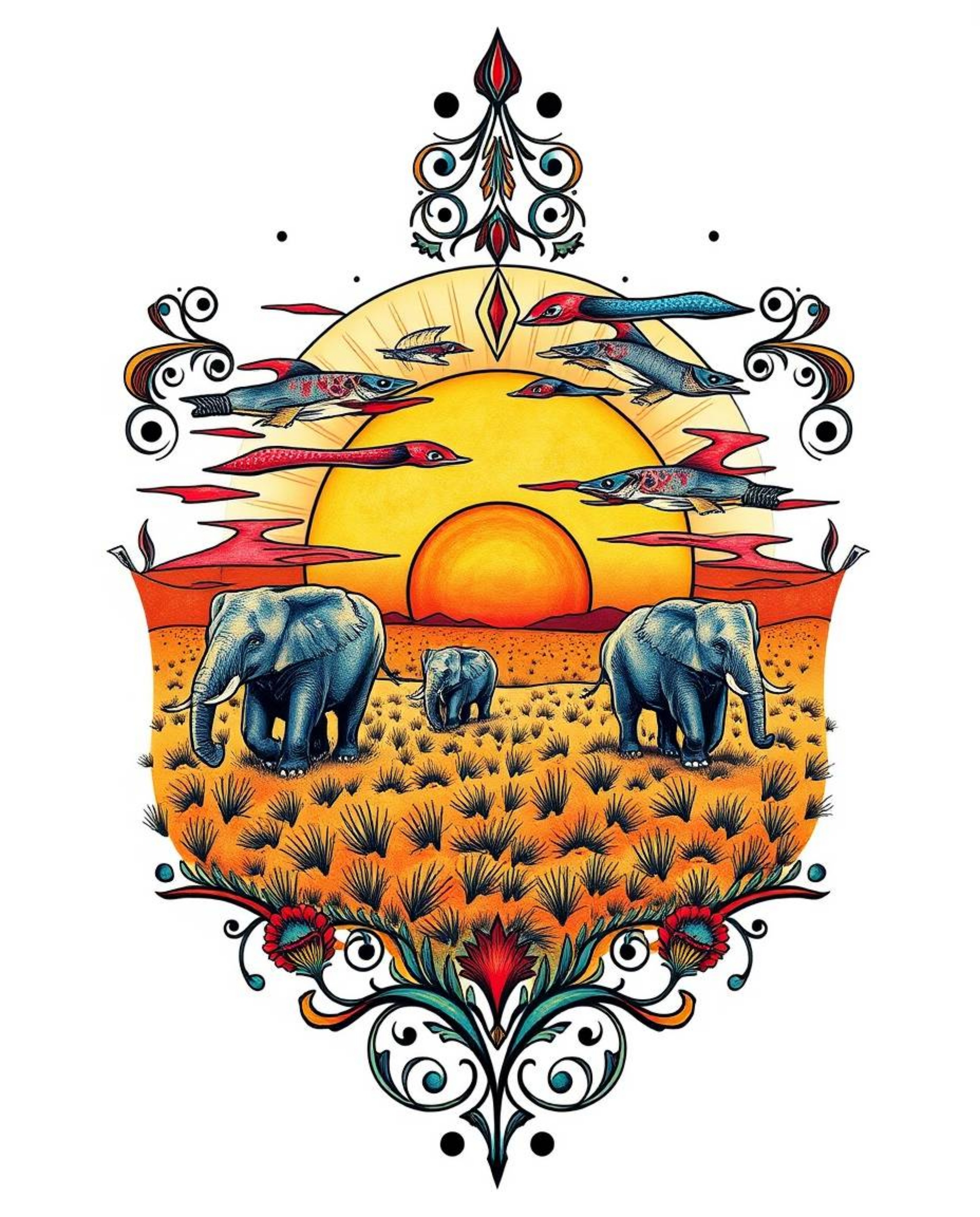 This is a traditional tattoo art print of elephants walking across a sunset field, uniquely captured from a top-down perspect
