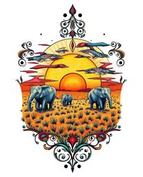 This is a traditional tattoo art print of elephants walking across a sunset field, uniquely captured from a top-down perspect