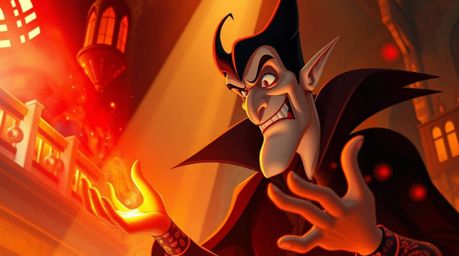 A classic Disney villain, with sharp features and pale skin, casts a spell within a gothic castle. Volumetric lighting bathe