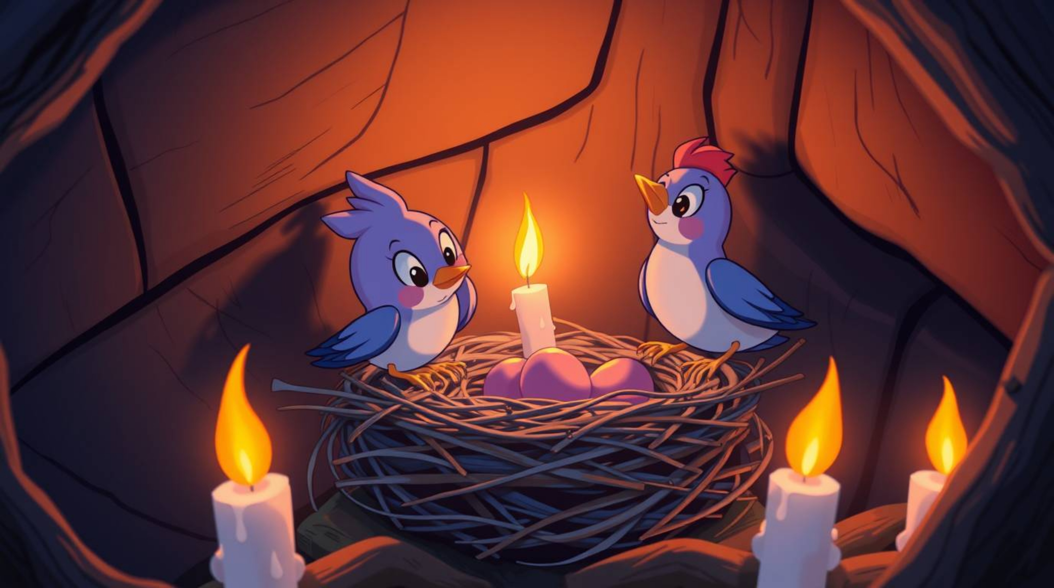 A heartwarming high-angle painting depicting two cartoon birds diligently building a nest in a classic animation style. The s