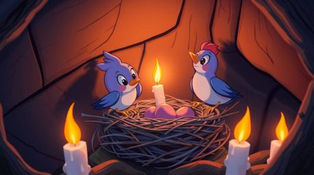 A heartwarming high-angle painting depicting two cartoon birds diligently building a nest in a classic animation style. The s