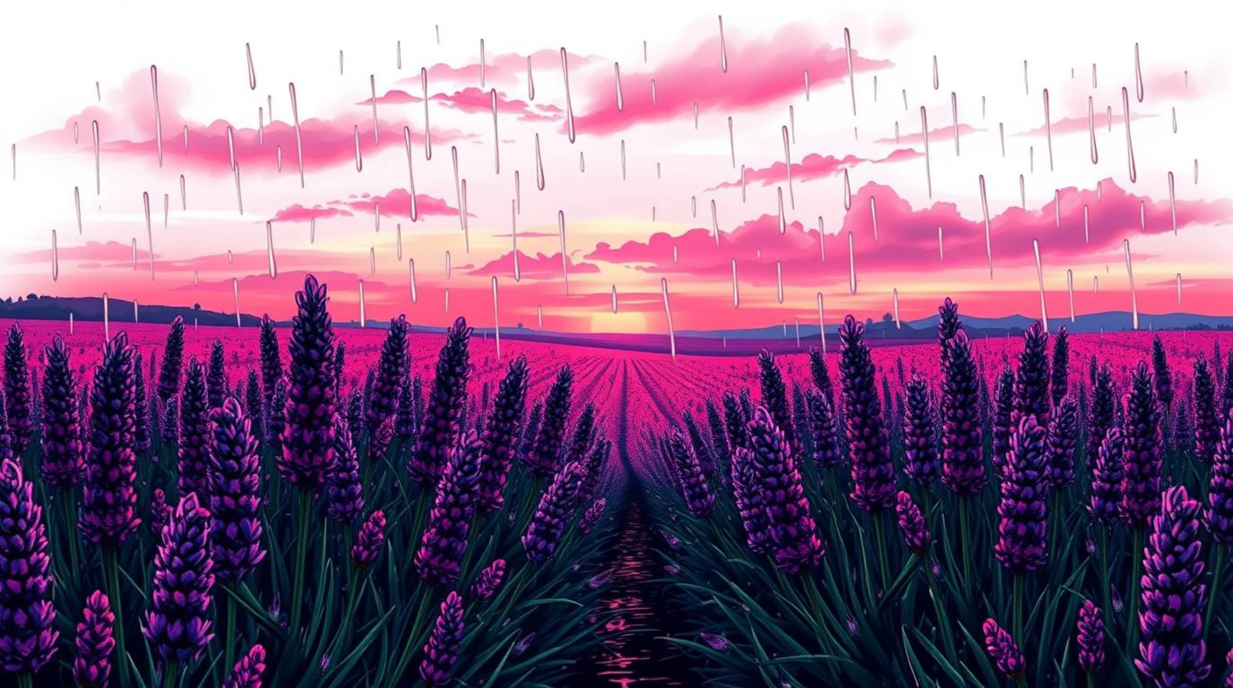 Immerse yourself in a dreamy, vibrant tattoo art print depicting a rain-kissed lavender field under a surreal pink sky. This 