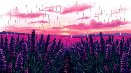 Immerse yourself in a dreamy, vibrant tattoo art print depicting a rain-kissed lavender field under a surreal pink sky. This 