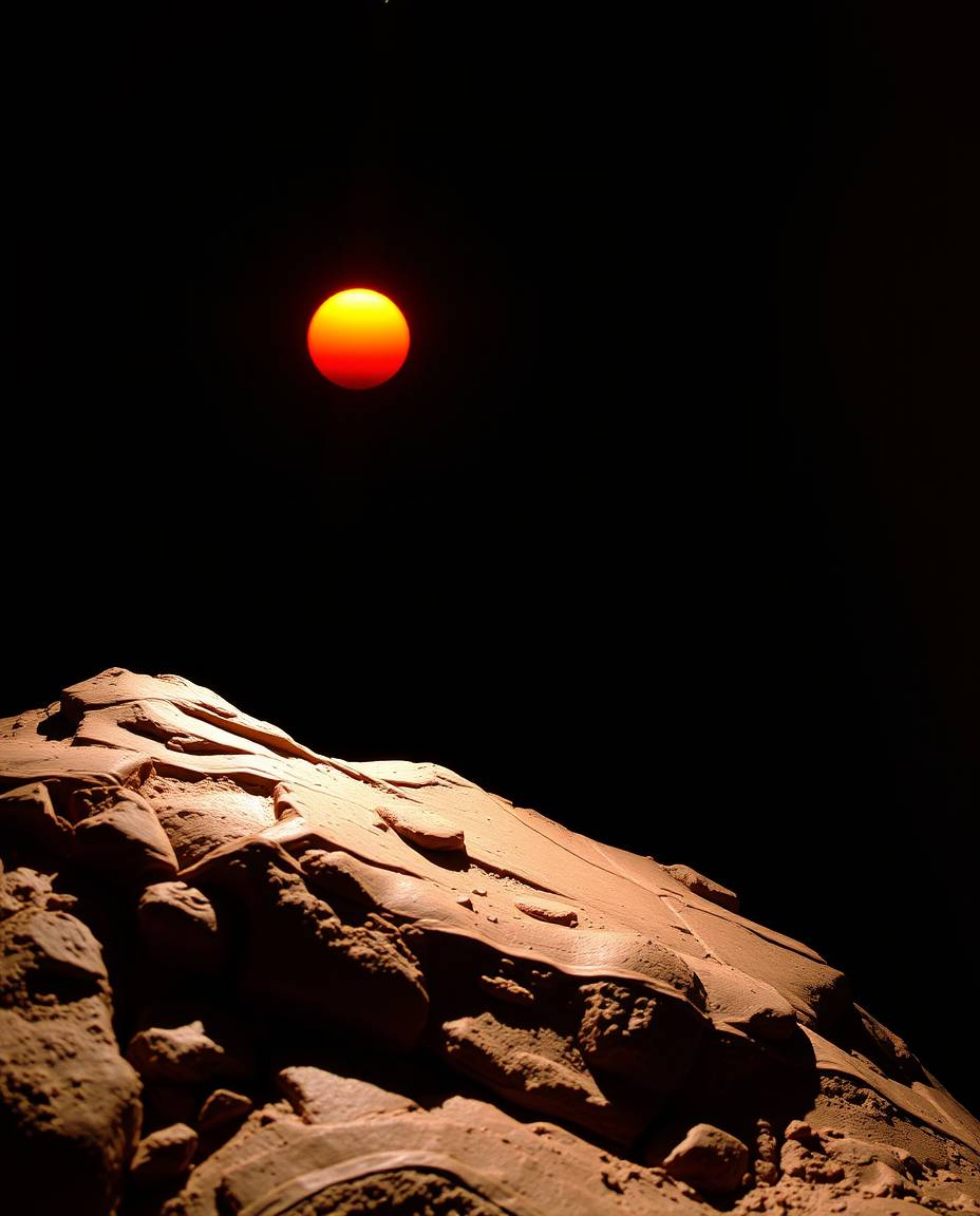 This sculptural clay artwork depicts a sunset from a high alpine peak, dramatically illuminated by strong, hard light. The pi
