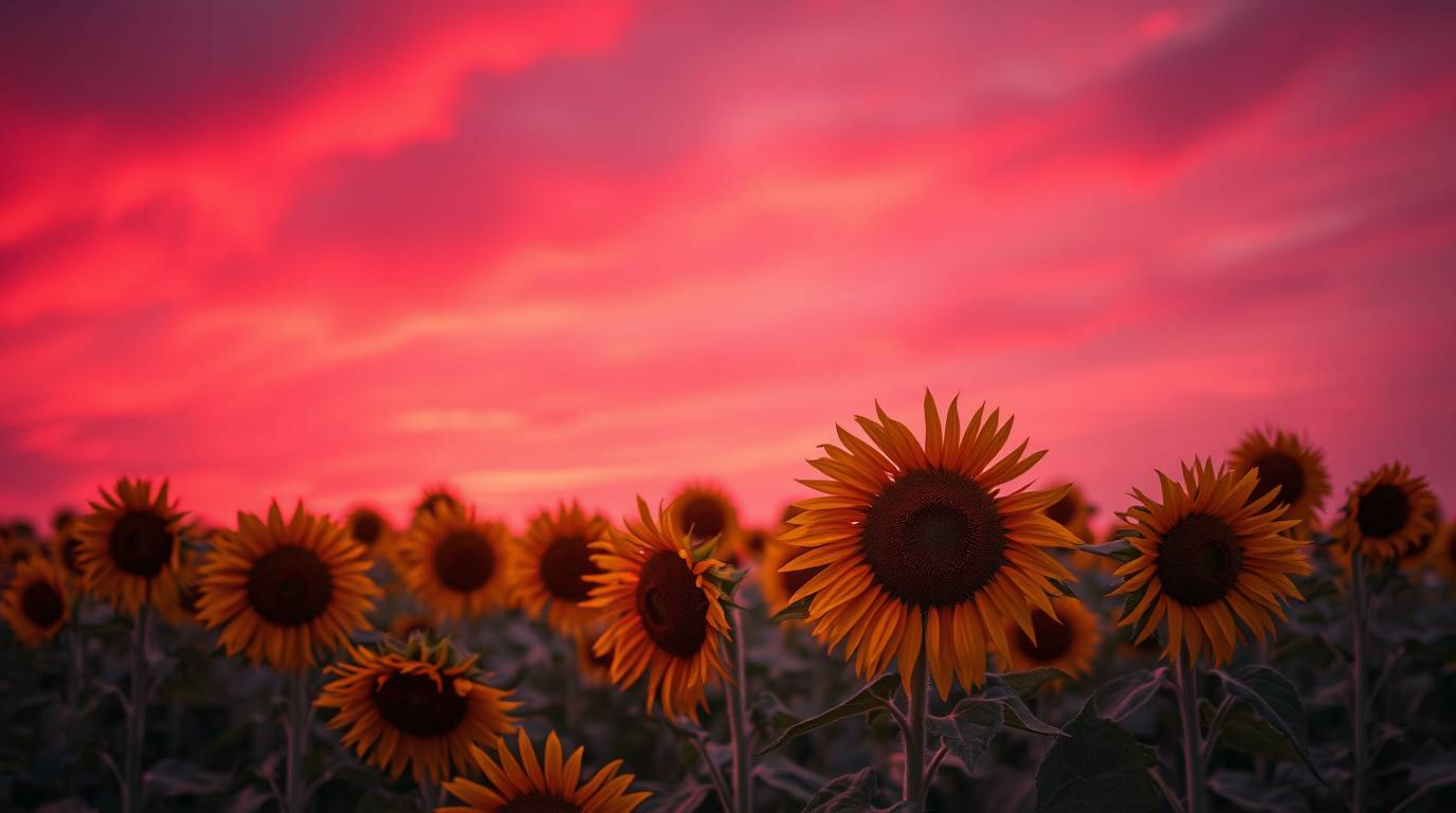 Immerse yourself in a captivating sunflower field bathed in the glow of a deep red and purple sky. This artwork, rendered in 