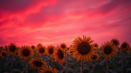 Immerse yourself in a captivating sunflower field bathed in the glow of a deep red and purple sky. This artwork, rendered in 