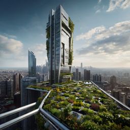 This sleek, futuristic skyscraper boasts a stunning rooftop garden, offering breathtaking panoramic views of the sprawling ur