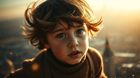A captivating high contrast, low-key lighting image showcasing a young boy with expressive eyes and windblown hair, his light