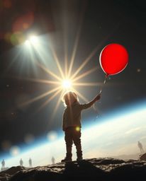 A captivating image depicts a child heroically holding a balloon in a grand, modern futuristic setting.  Epic-scale lighting 