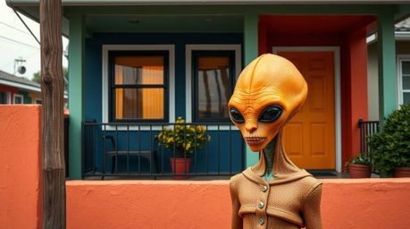 Capture the spontaneous moment of an alien with striking orange and teal skin residing in a colorful suburban house. This can