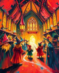 Discover a captivating acrylic painting depicting a magical school brimming with young wizards.  The artwork features a warm,