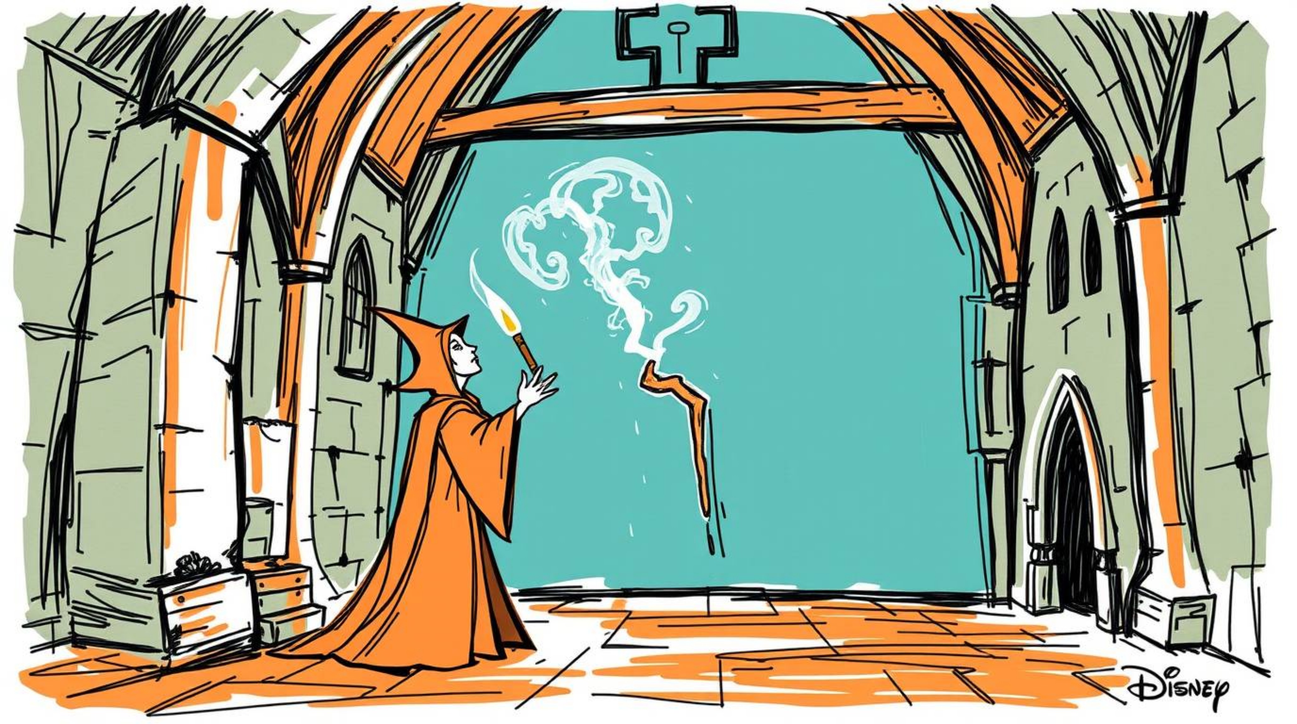 A hand-drawn sketch featuring a classic Disney villain casting a spell within an old castle. The artwork utilizes a terracott