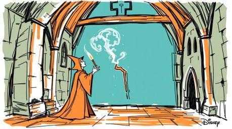 A hand-drawn sketch featuring a classic Disney villain casting a spell within an old castle. The artwork utilizes a terracott