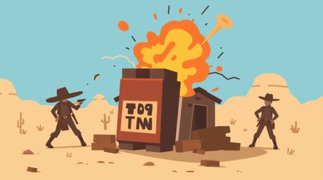 This modern flat design illustration captures a classic exploding TNT gag in the wild west, featuring simple two-dimensional 