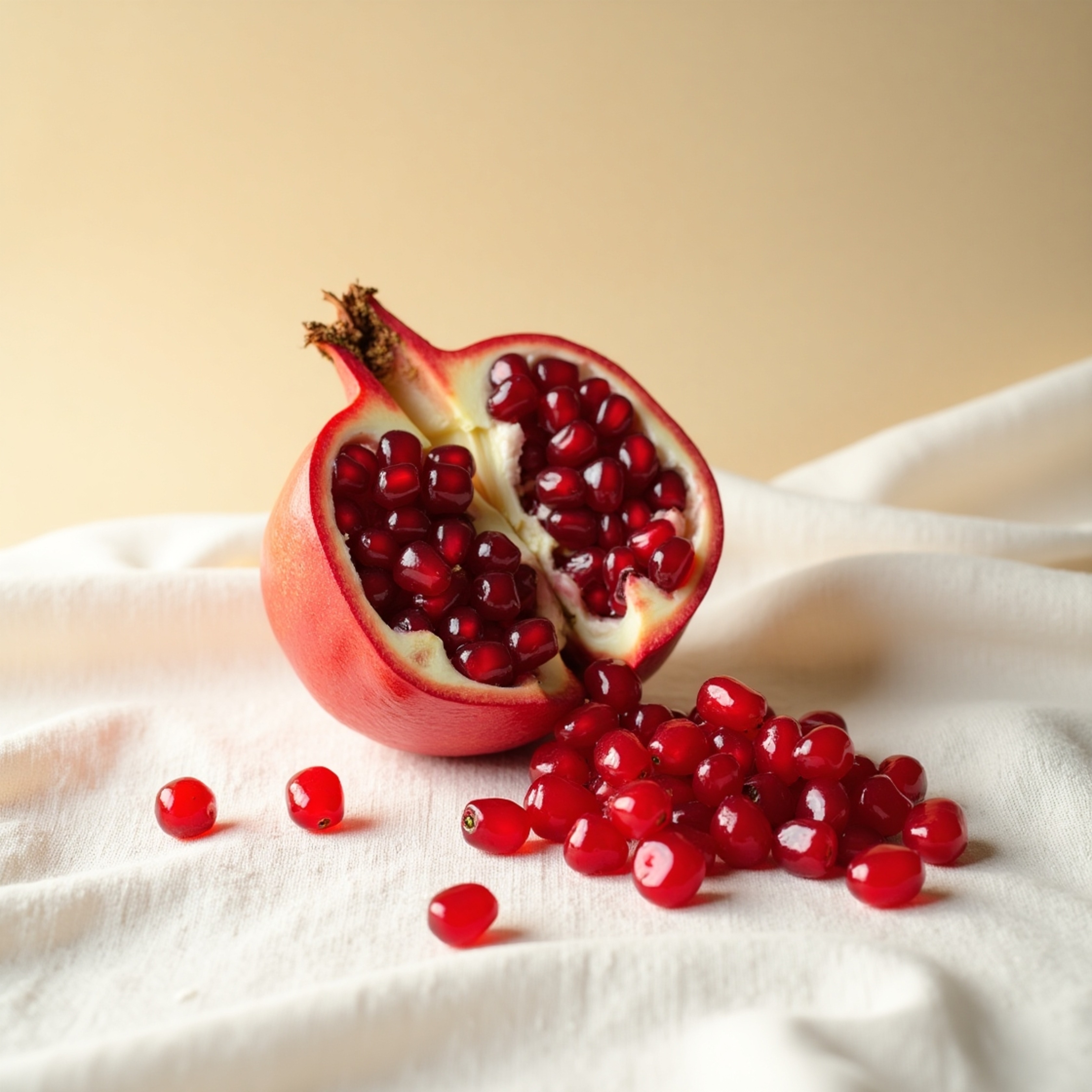 A captivating still life image showcasing a single, perfectly ripe pomegranate, halved to reveal its glistening red arils.  A