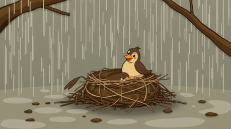 A charming illustration in a classic animation style depicts two cartoon birds diligently constructing a nest amidst a gentle
