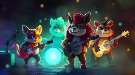Immerse yourself in a soft, dreamy atmosphere created by glowing bioluminescent colors highlighting a band of cartoon animals