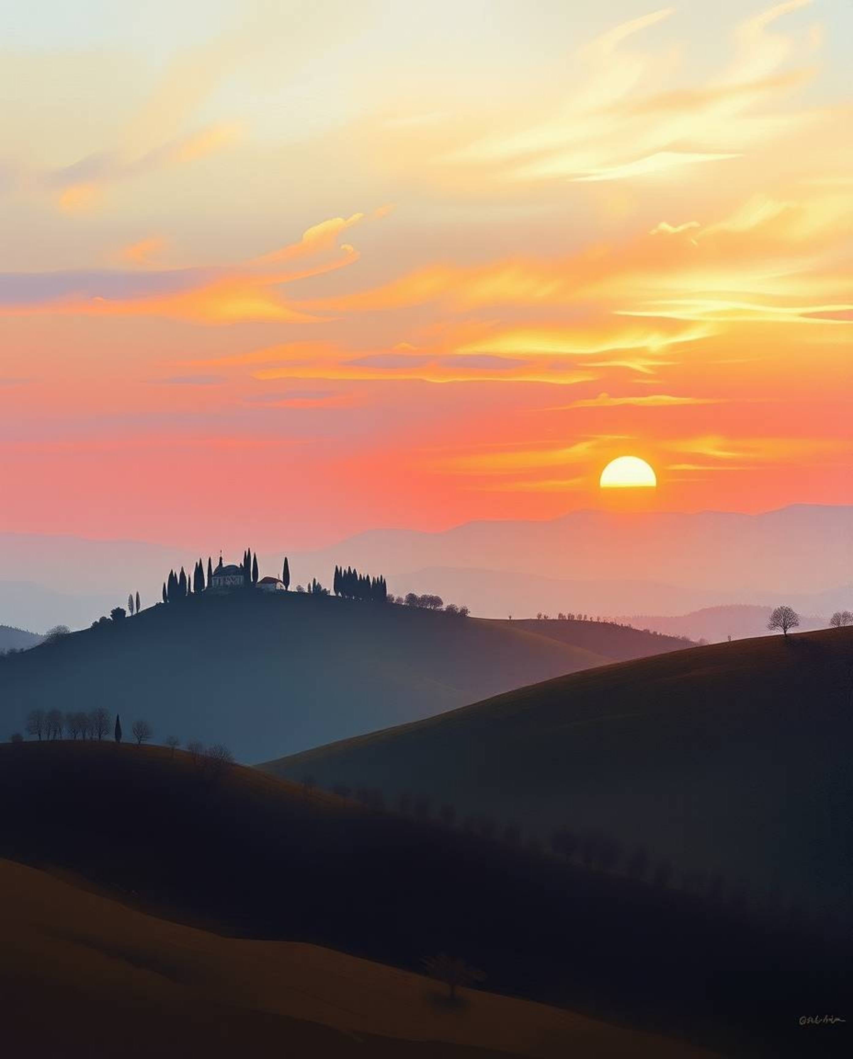 A low-angle shot of a vibrant sunset over misty Tuscan hills, glowing with bioluminescent colors, dramatic natural light, and