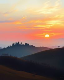 A low-angle shot of a vibrant sunset over misty Tuscan hills, glowing with bioluminescent colors, dramatic natural light, and