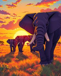 Bright vibrant Isekai anime style depiction of elephants walking across a sunset field, expressive composition, lively and en