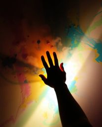 A captivating acrylic painting showcases a hand reaching towards a light source emerging from darkness.  The artwork utilizes