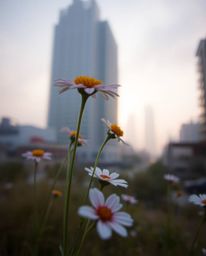 A captivating macro shot showcases vibrant flowers blooming amidst the ruins of a post-apocalyptic city.  The image features 