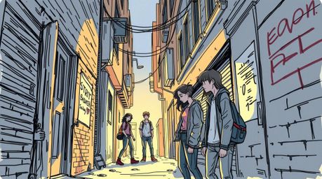A captivating hand-drawn sketch depicts a grungy city alley bathed in soft, gentle light.  Rebellious teens, rendered in a Co