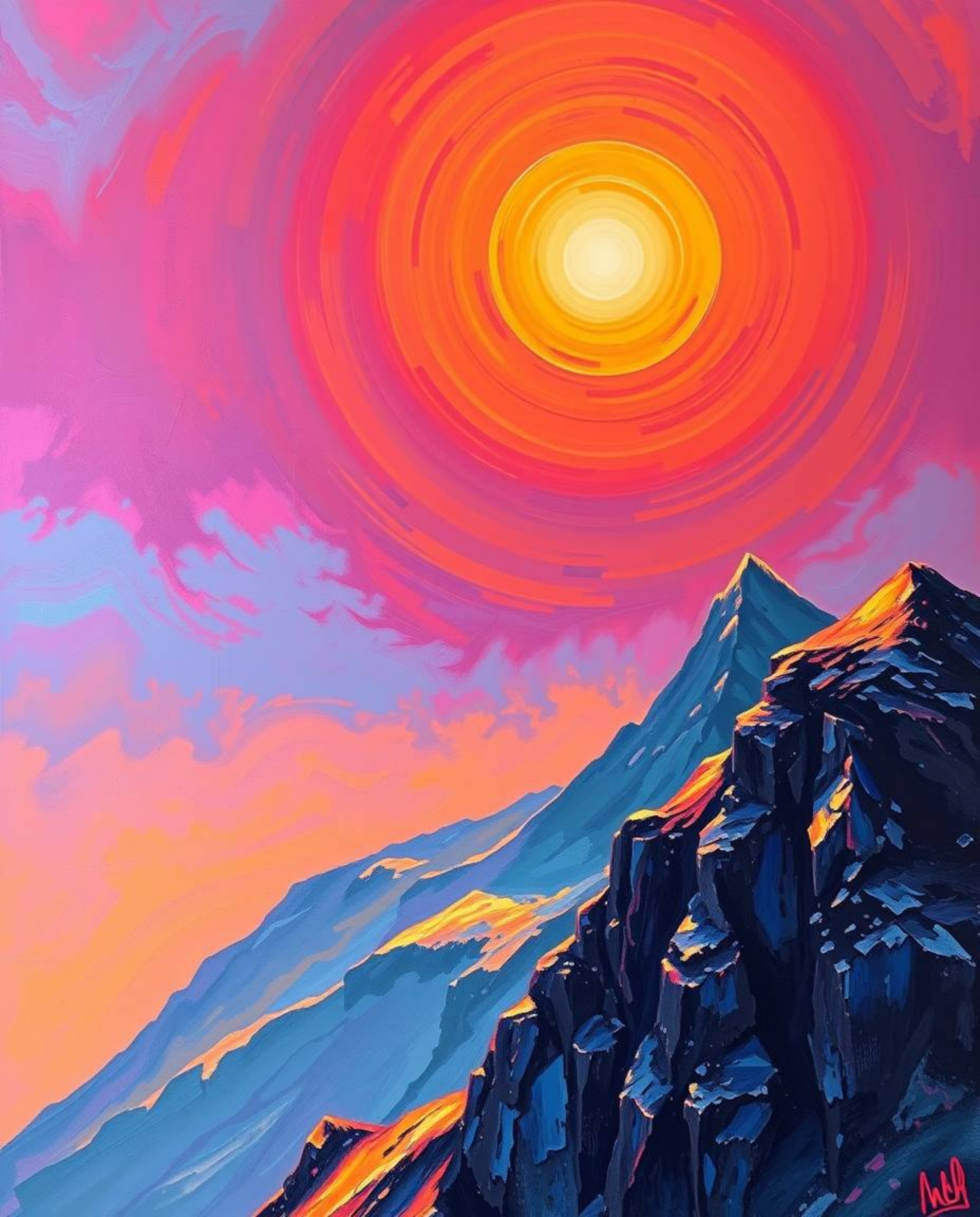 This is a bold acrylic painting of a sunset from a high alpine peak, bathed in a warm golden glow. Presented on a large forma