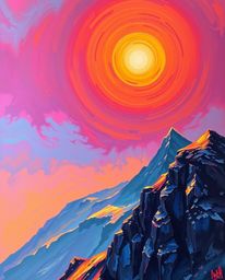 This is a bold acrylic painting of a sunset from a high alpine peak, bathed in a warm golden glow. Presented on a large forma