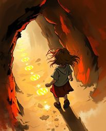 A dynamic digital sketch depicts a child with windblown brown hair following a trail of glowing footsteps into a mysterious c
