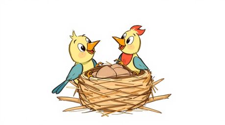 A charming hand-drawn sketch depicts two cartoon birds diligently constructing their nest. Rendered in a classic animation s