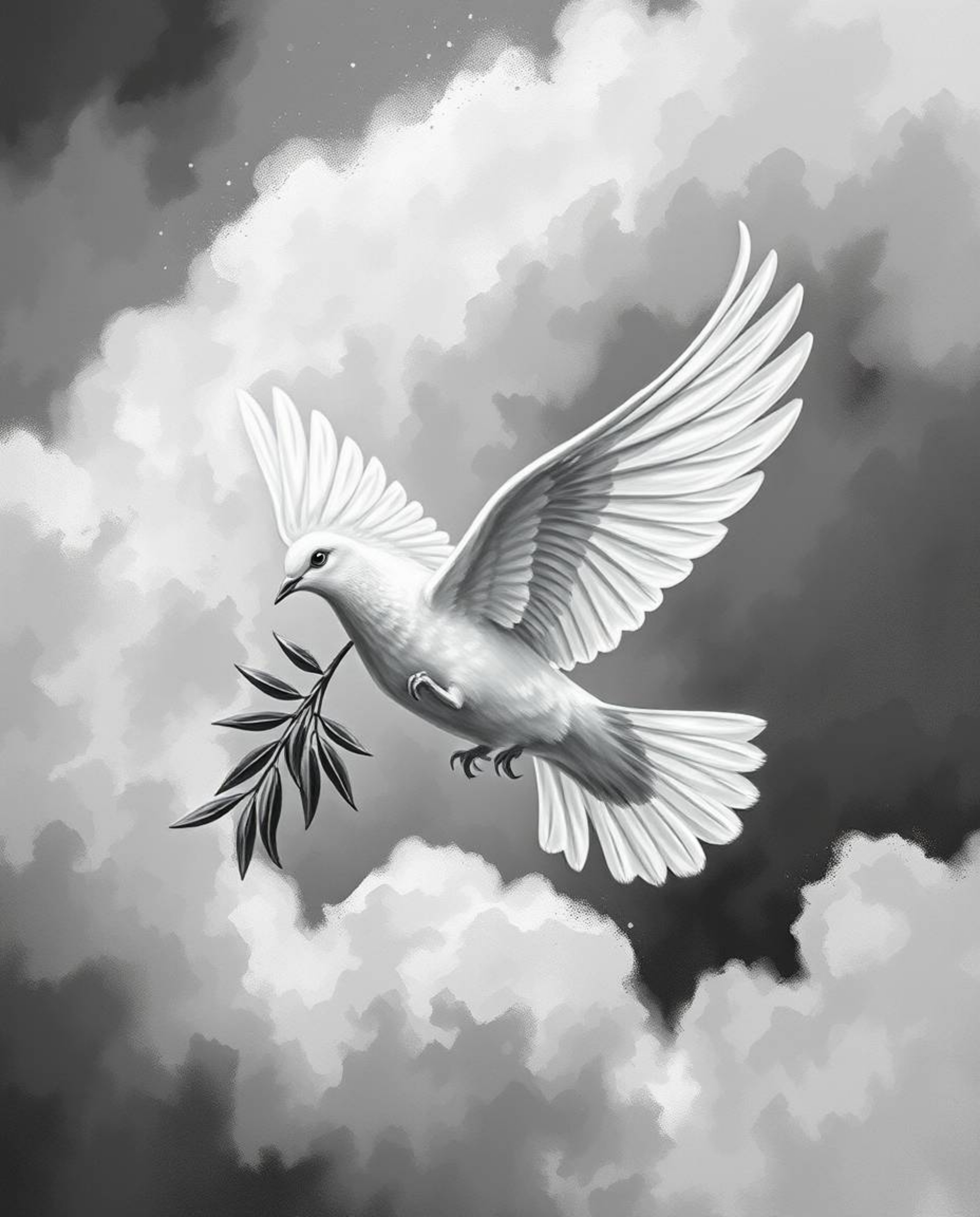 A classic black and white painting depicts a dove carrying an olive branch through stormy skies.  The rich textures and visib