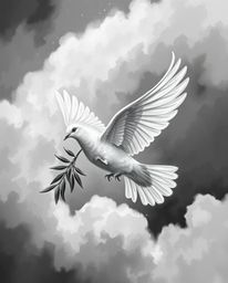 A classic black and white painting depicts a dove carrying an olive branch through stormy skies.  The rich textures and visib