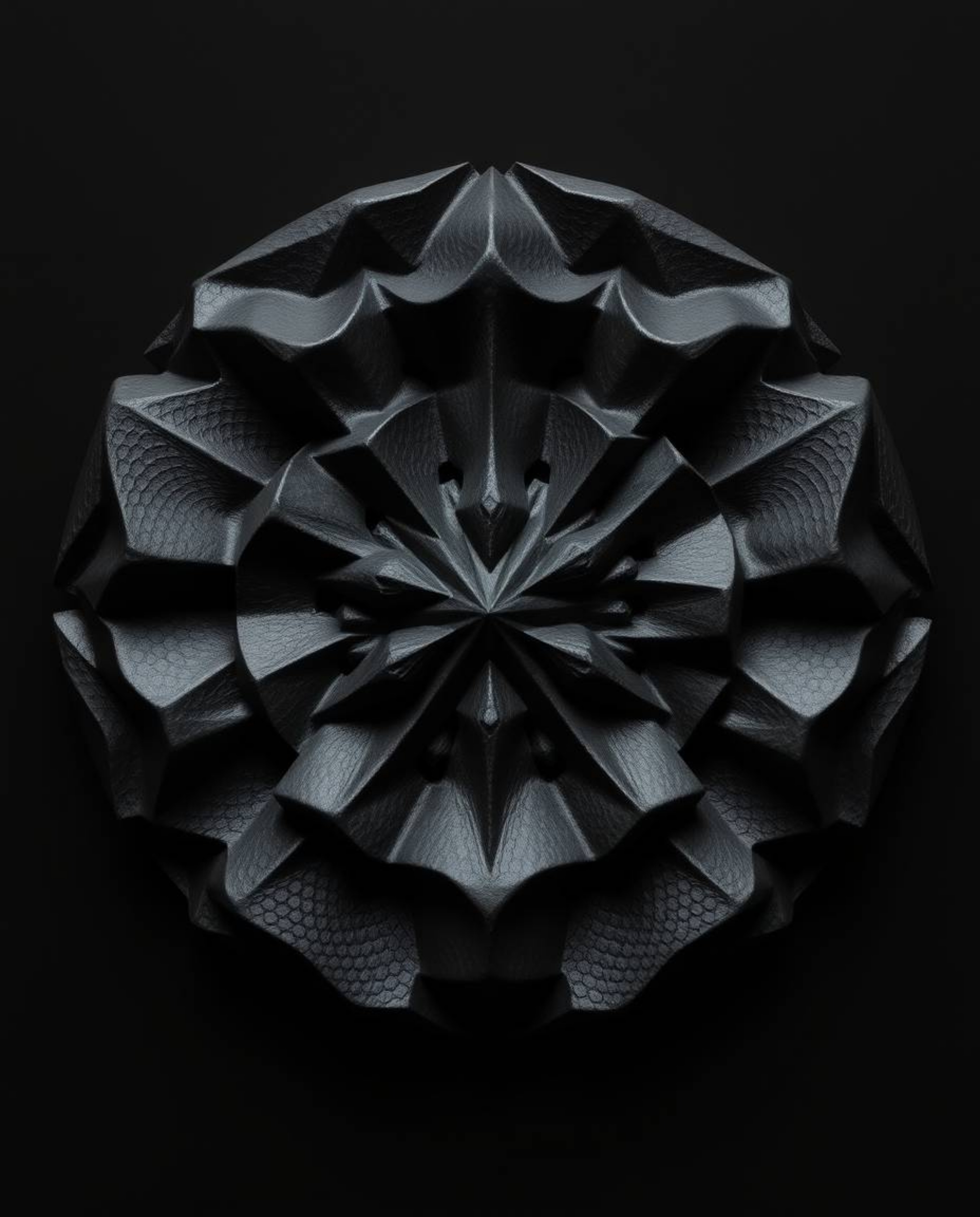 This intense jet black sculptural clay art piece presents a captivating geometric pattern optical illusion, reminiscent of re