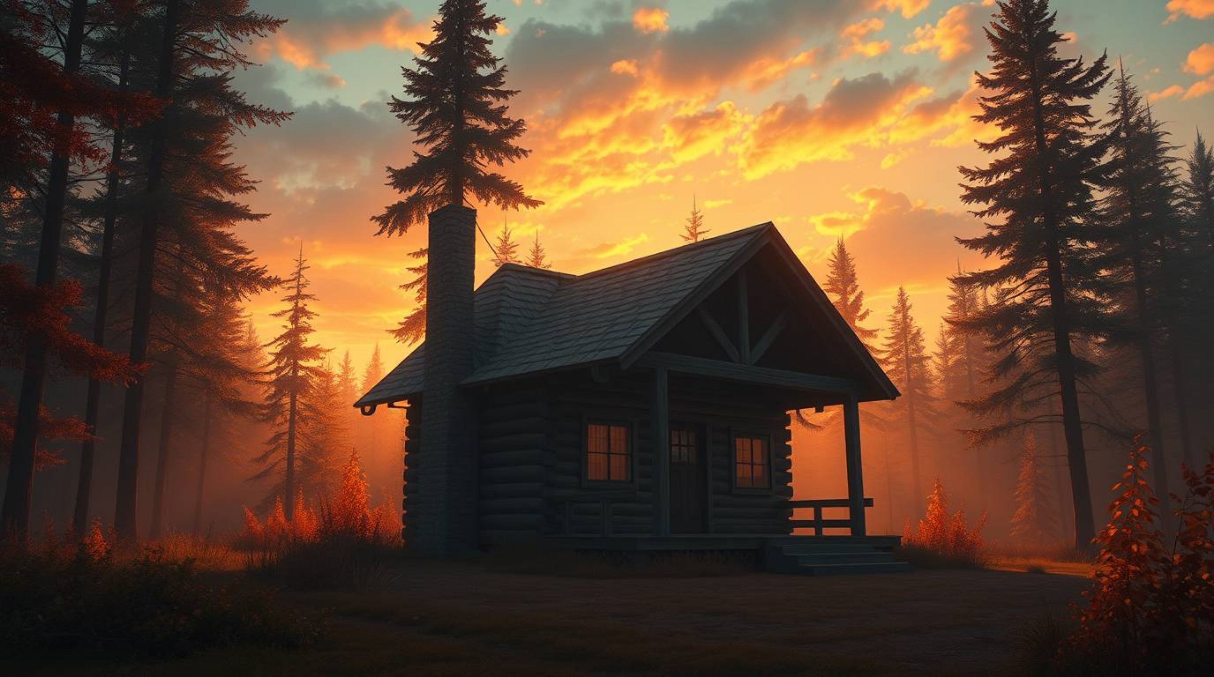 A digitally painted image showcasing a grand, epic scene of an old wooden cabin nestled deep within the woods during a breath