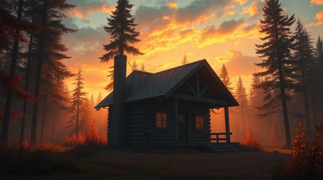 A digitally painted image showcasing a grand, epic scene of an old wooden cabin nestled deep within the woods during a breath