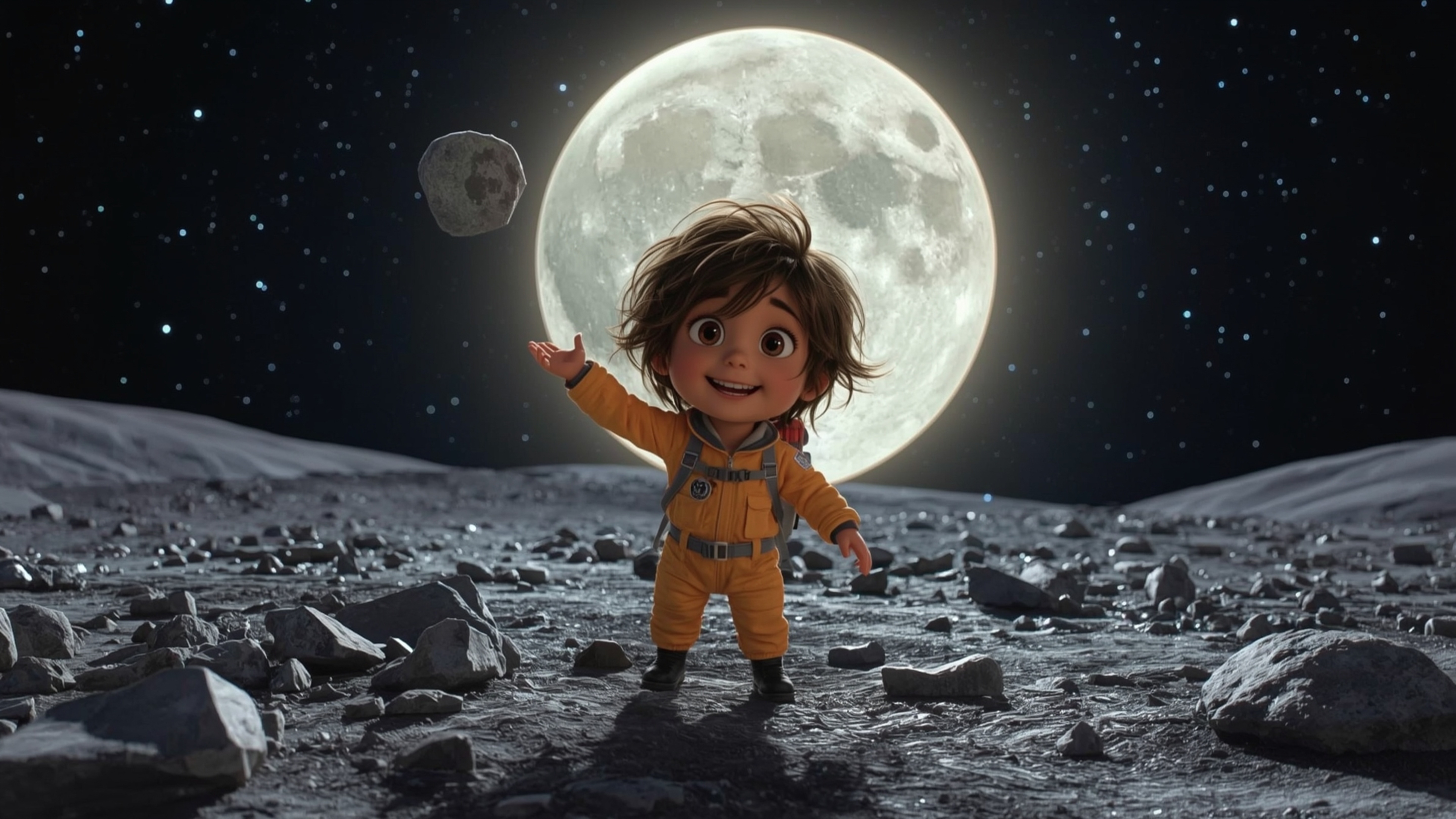 Embark on a whimsical cosmic adventure with this vibrant, cinematic photograph, reminiscent of Pixar's stylized charm. A joyf