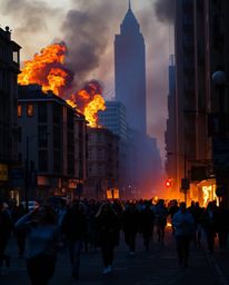 A city engulfed in flames creates a scene of utter chaos as people run in all directions, bathed in the cool blues, greens, a