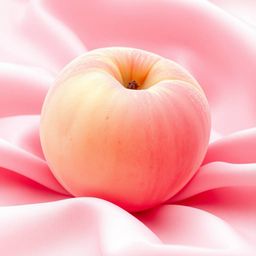 A surreal and captivating close-up ASMR image showcases a soft, blushing pink peach resting delicately on silky pastel pink f