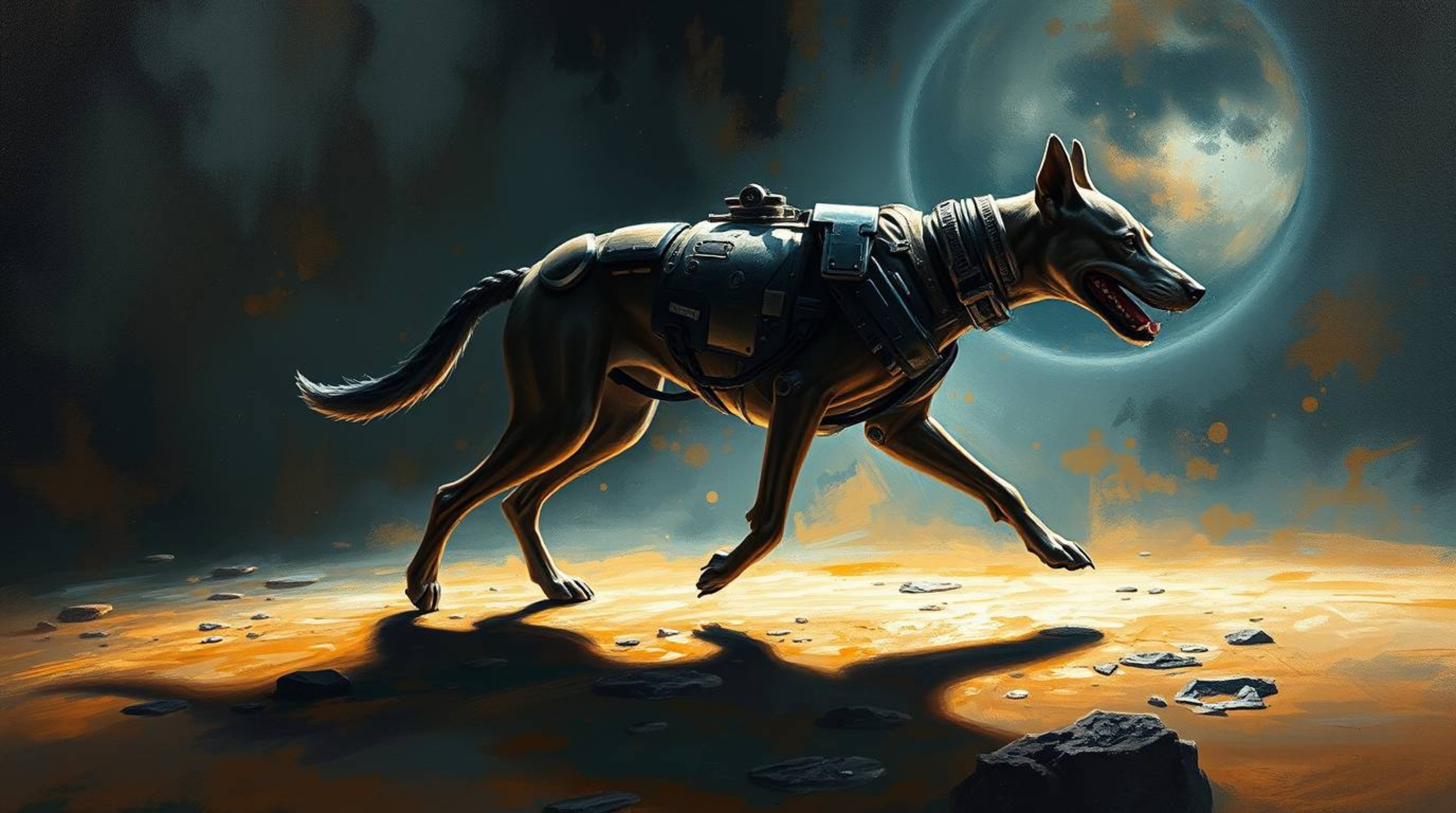 Witness a surreal masterpiece: a futuristic dog taking itself for a walk amidst the vastness of space. This classic oil paint