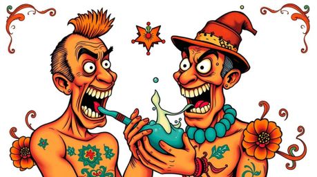 A vibrant and humorous tattoo art print featuring a traditional style design in warm terracotta and cool teal.  The illustrat