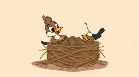 High-resolution stock photo depicting two cartoon birds constructing a nest in a classic animation style. This commercial-qua